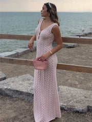 Tossy Knit Hollow Out Fashion Maxi Dress Women's See-Through Beach Holiday Loose Elegant Patchwork Party Dress Female Long Dress voguable