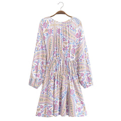 Voguable Paisley Flower Print Short Dress Hippie Women Tassel Lacing Up Bow Adjustable Waist V Collar Full Sleeve Loose Robe Holiday voguable