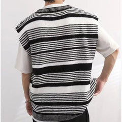 V-neck Striped Knitwear Men's Vest Autumn Pullover Sweater Sleeveless Blue Black voguable