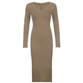 Khaki V-Neck Long-Sleeve Split Maxi Dress mysite