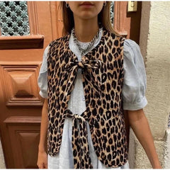 Leopard Waistcoat y2k Clothes Women Round Neck Sleeveless Tie Up Cardigan Tops 2000s Aesthetic Clothing Streetwear voguable