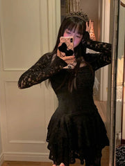 Lace Basic Causal Women Dress Square Collar Slim Waist Tunic All Match Dresses Y2k Aesthetic Sexy Fashion Elegant Vestidos voguable