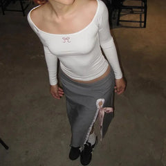 TARUXY Side Slits Lace Maxi Skirt For Women Kawaii Bow Bandage High Waist Skirts Women's Street Autumn Fashion Sexy Skirt Woman voguable