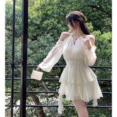 Voguable French Style White Dress Women's Summer Fitted Waist Sweet Short Skirt Cut-out Ruffled Design Cake A- line Skirt voguable