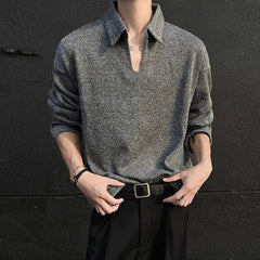 New American Retro Men Polo Shirt Luxury Knitted Solid Color V Neck Long Sleeve T-shirt Casual Premium Quality Textured Knitwear voguable