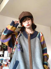Voguable Striped Zipper Knit Cardigan Women Sweet Preppy Loose American Vintage Sweater Fall Winter Long Sleeve O Neck Casual Retro Tops voguable