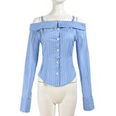 Voguable Sexy Off Shoulder Straps Striped Women Shirts Summer Fashion Button Up Long Sleeve Irregular Office Shirt Female Y2K Tops voguable