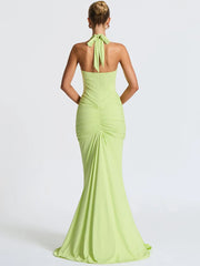 Deep V Neck Backless Ruched Sexy Maxi Dress Women Gown Summer Halter Sleeveless Draped Club Party Long Dress voguable