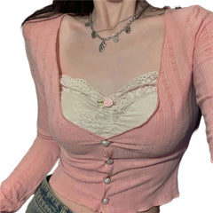 y2k Crop Top Sweet Aesthetic Clothes Women Lace Patchwork Long Sleeve T Shirt with Bow Decor 2000s Clothing Streetwear voguable
