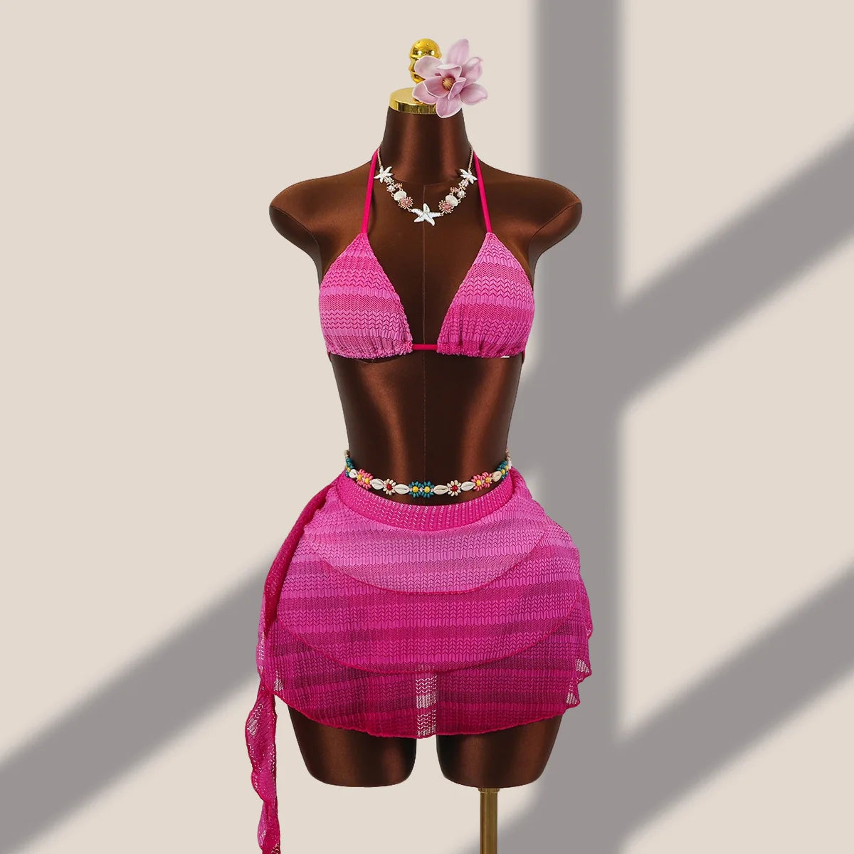 Voguable Women 3 Piece Gradient Pink Bikini Set Halter Triangle Top with Wrap Skirt Cover Up Textured Swimwear Beach Bathing Suit voguable