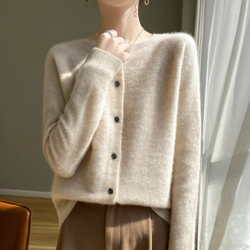 Autumn Winter Women Clothing A Line Of Clothing Crewneck Knitted Cardigan Long Sleeve Women Solid Color Fashion Temperament Tops voguable