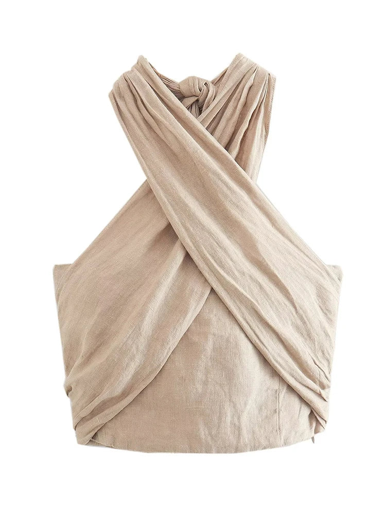 New Fashion Women Sexy Backless Linen Halter Top Summer Crop Top