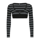 Voguable Y2K Punk Striped Crop Top Gothic Long Sleeve Shirt Aesthetic Streetwear Color Block Tee for Women OOTD Layering Sexy Midriff Top voguable