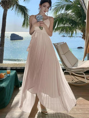 Sexy Elegant Pleated Long Dress For Women Summer V-Neck Backless Holiday Beach Lace-up A-Line Dresses Female Vestidos 2025 New voguable