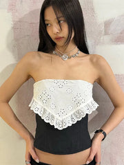 Splice Lace Crop Tops Women Bodycon Sexy Off the shoulders Sleeveless Tank Top Women's Club Slim Hollow Out Clothing voguable