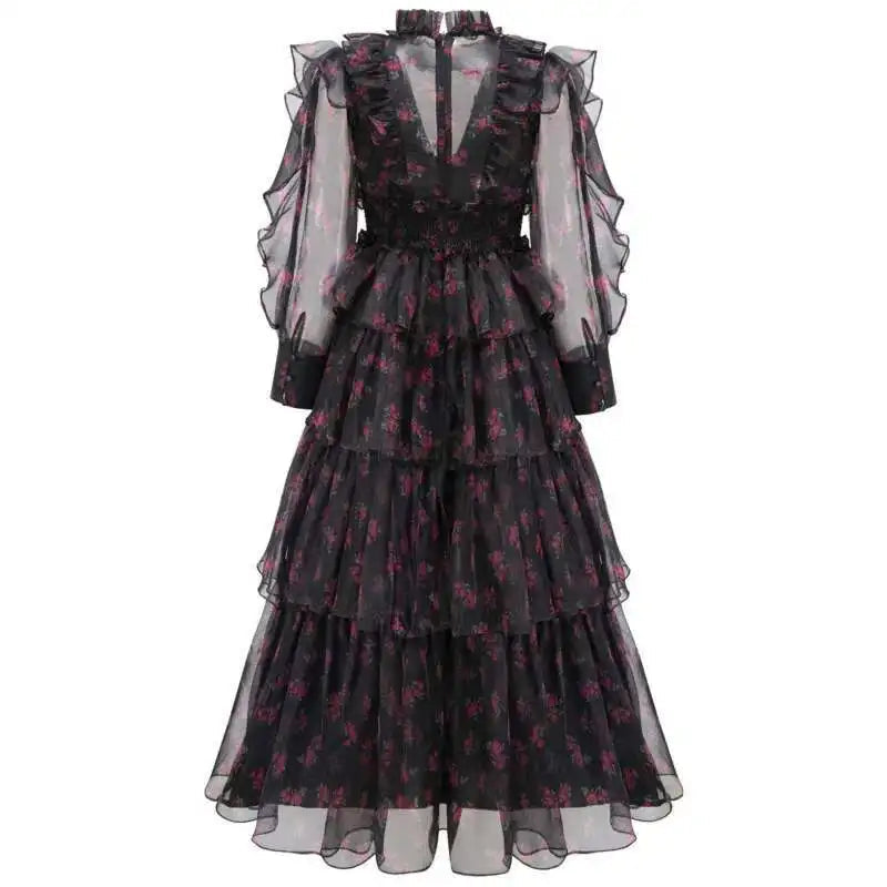 Mesh See-through Women Dress Zipper Flowers Edible Tree Fungus Design Stand Collar Full Sleeve 2025 Dresses Female voguable