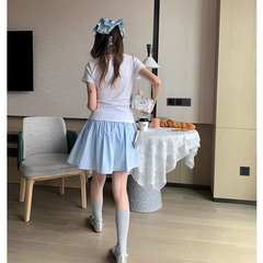 Cotton Casual Short A-line Skirt for Women High Waist Blue Elastic Waist Tie bow Sweet Loose Sports Skirt with Safety Shorts voguable