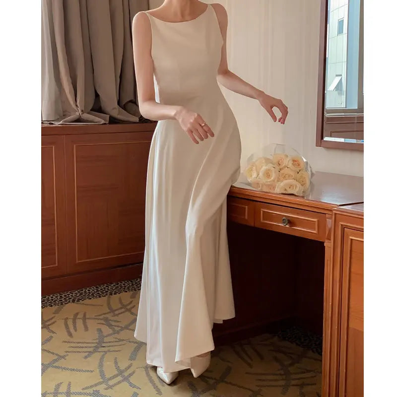 Korea Evening Party Long White Dress Elegant Solid Sleeveless Strap A Line Dress Beach Women One Piece Backless Black Dress 2024 voguable