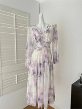 Elegant Print Purple Long Korean Prom Dresses For Women Summer Sea Beach Holiday Slim Waist V-Neck Fashion New Dress Basics voguable