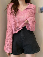 Voguable Sexy Hollow Out Women Knitted Crop Tops Fashion Korean Flare Sleeve Pullover Sweater Fall Casual Female Tops New voguable