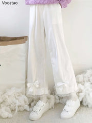 Japanese Lolita Women's Kawaii High Waist Corduroy Pants Sweet Bow Lace Wide Leg Pants Girly Harajuku Chic Loose Cute Trousers voguable