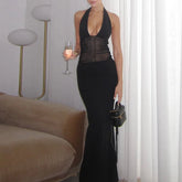 Voguable Splice Mesh See Through Long Dress Female Fashion Sexy Backless Deep V neck Elegant Banquet Dress High Street Lace Up lollapalooza outfit spring outfits voguable
