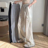 Voguable High Street American Summer Pants New Women Solid Elastic Waist Drawstring Pockets Fashion Casual High Waist Loose Cargo Trouser voguable