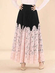 Lace Spliced Printing Pleated Skirts For Women High Waist Loose Causal Colorblock Skirt Female Fashion New Clothes voguable