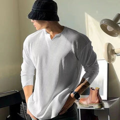 Men's Clothing V-Neck Loose Fit Long Sleeve T-Shirt Spring and Autumn New Arrival Fitness Muscular Fit Sportswear Comfortable voguable