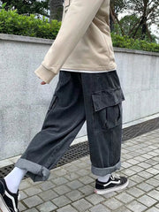 Baggy Jeans Men's Oversize Streetwear Fashion Wide Leg Cargo Pants Hip Hop Harajuku Multi-Pocket Denim Trousers Black Blue voguable