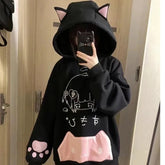 Voguable Japanese Cartoon Print Hoodies Subculture Sweet Cute Cat Ears Woemn Hooded Sweatshirts Fall Winter Harajuku Kawaii Loose Tops voguable