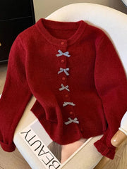 Cute Bow Women Cardigan Long Sleeve Lazy Wind Sweet Knitted Sweater Casual Loose Preppy Style Vintage Lady O Neck Fall Tops voguable