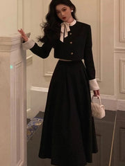 Women Elegant Korean 2 Piece Set Autumn Trend Lace Up Single Breasted Blazer Hight Waist Skirt Suit Office Lady Black Outfits voguable