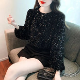 Voguable Women's Clothing Korean Fashion Long Sleeve Sequins Elegant Chic T-shirts Autumn Winter Casual O Neck Black Loose Pullover Tops voguable