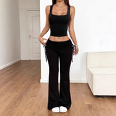 Voguable Summer New Women's Casual Pants Set Solid Color Fashionable and Sexy Lace-up Pants for Women Y2K Two-piece Set voguable