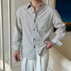 New American Retro Men Shirts Light Luxury Textured Lapel Plaid Long Sleeve Cardigan Leisure Trendy Premium Check Blouse M-2XL voguable