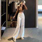 Voguable Women's Narrow Version of Straight Jeans for Autumn and Winter Small Fragrance Wide-leg Pants for High Waist Loose Floors voguable