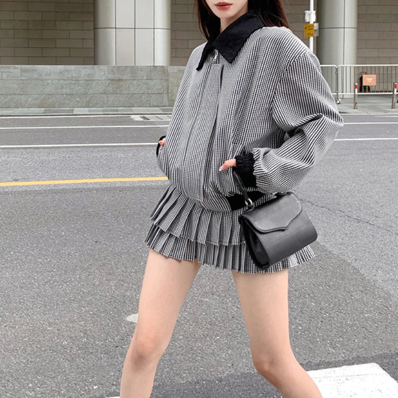 Voguable Autumn New Streetwear Contrast Color Plaid Loose Casual Long-sleeved Jacket Women + Pleated Cake Skirt Two-piece Suit voguable