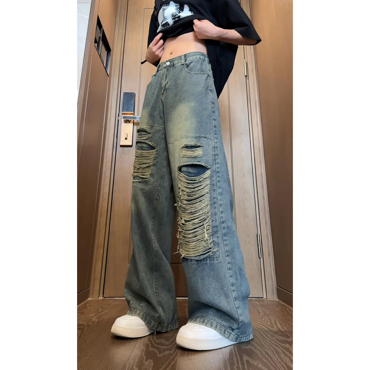 Beggar jeans men Vintage Streetwear Ripped Hole Jeans Men Women Harajuku Aesthetic Wide Leg Denim Trousers Unisex Straight Pants voguable