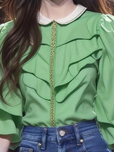 Voguable French Sweet Green Shirt Summer Design Sense Versatile Pleated Blouse for Women voguable