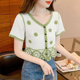 Voguable Elegant Color Block Openwork Crochet Short Sleeve Sweater Women's Thin Summer Style Cardigan voguable