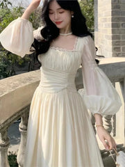 Autumn Vintage 2025 Sweet Beige Square Neck Princess Dress New French Style High Waist Slim Pleated Evening Long Dress Chic New voguable