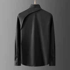 Luxury Men's Shirt Metal Buckle Ribbon Splicing Casual Social Shirts Long Sleeve Slim Fit Business Banquet Party Blouse Tops voguable