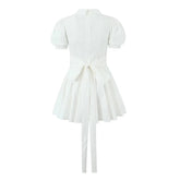 Voguable Summer Women Vintage Puff Sleeve Lapel Collar White Mini Dress Tie Bow Sashes Pleated Hem Female Cotton Robe voguable