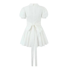 Voguable Summer Women Vintage Puff Sleeve Lapel Collar White Mini Dress Tie Bow Sashes Pleated Hem Female Cotton Robe voguable