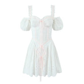 Voguable 3 Ways Wear White Embroidery Dress Short Puff Sleeve Mini Birthday Party Dresses Women Lacing Up Holiday Vacation Dress voguable