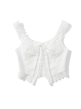 Voguable New Fashion Women Lace Spliced White Tank Top Sleeveless Lace Up Sexy Collar Ladies Summer Crop Top voguable