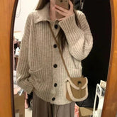 Slouchy Knit Cardigan for Women Rib-knit Pockets Front High Neck Button Up Sweater Jacket Coat Female Autumn Winter Basic Outfit voguable