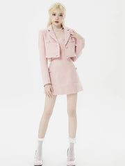 Pink Korean Style Two Piece Set Women Kawaii Sweet Party Mini Dress Set Female Long Sleeve Coat + Elegant Strap Dress Suit