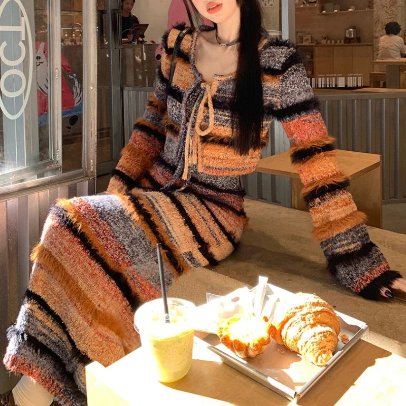 Voguable Autumn New Streetwear Lace Up Sexy Long-sleeved Cardigan Women + Contrast Color Striped Knit Sling Dress Two-piece Suit voguable